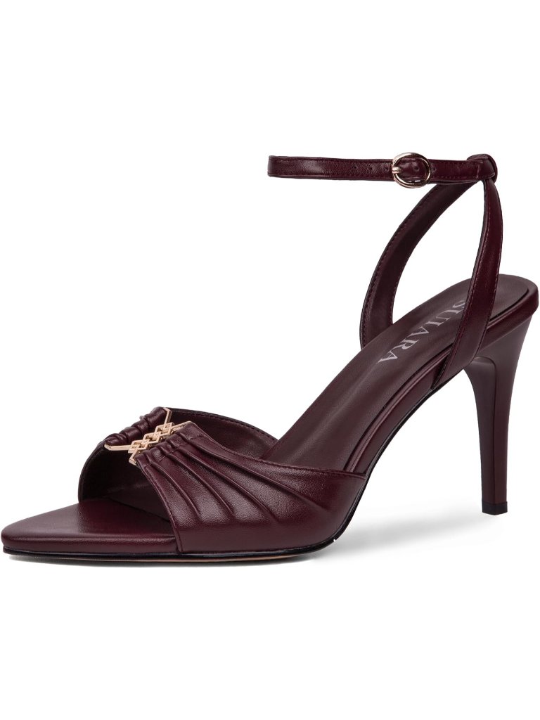 Women's Burgundy Stiletto High Heeled Sandals Pointed Peep Toe Heels Adjustable